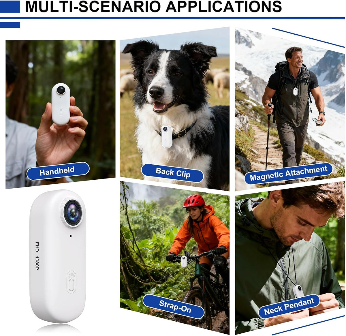 1080P HD Wearable Sports Action Camera Hands-Freethumb POV Camera with Waterproof Case Magnetic Mount Hands Free Mini Body Cameras for Vlogging Motorcycle Cycling Travel Fishing Pet Walking White