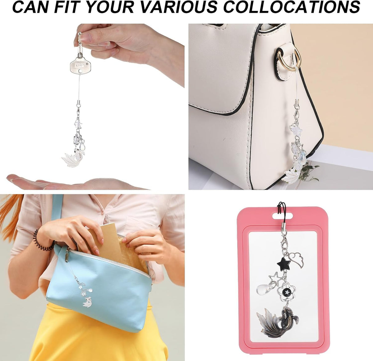 2Pcs Koi Fish Phone Charms, Aesthetic Fish Y2K Keychain, String Rope Charms for Phone Case Camera Bag, Water Drops Stars Wing Lanyard Strap Pendants Phones Decorations(Black+White)