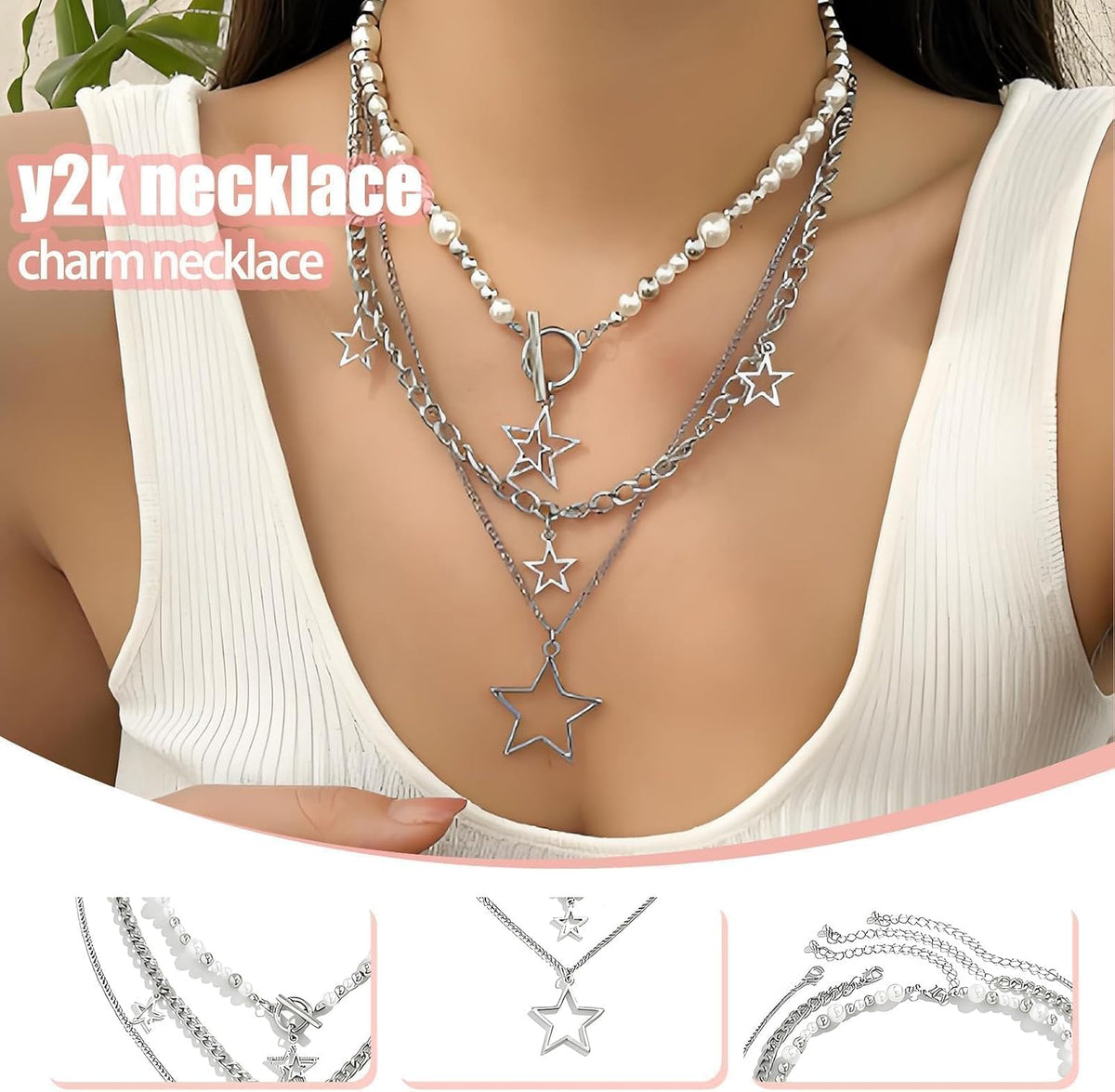Star Necklace Silver Layered Necklaces for Women,Chunky Necklaces for Women