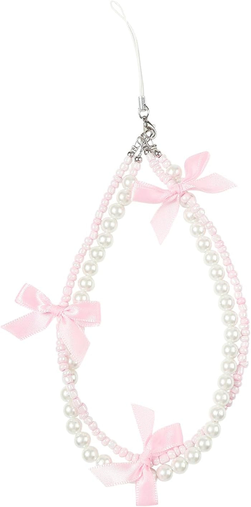 Phone Charm Bracelet - Cute Bowknot Chain Pearl Beaded Aesthetic Universal Cell Phone Lanyard Wrist Strap Keychain Accessories for Bag Camera Pendants Decor