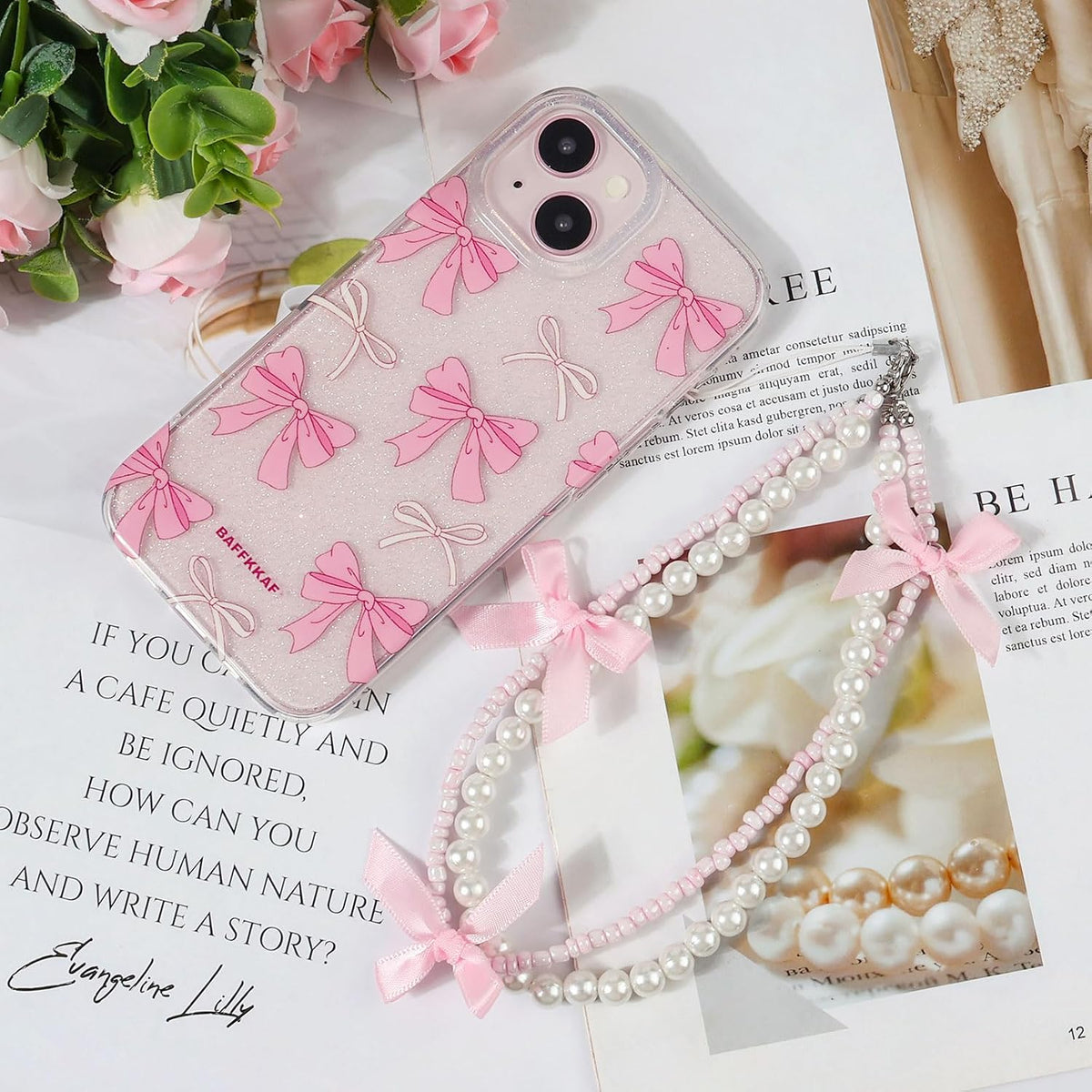 Phone Charm Bracelet - Cute Bowknot Chain Pearl Beaded Aesthetic Universal Cell Phone Lanyard Wrist Strap Keychain Accessories for Bag Camera Pendants Decor