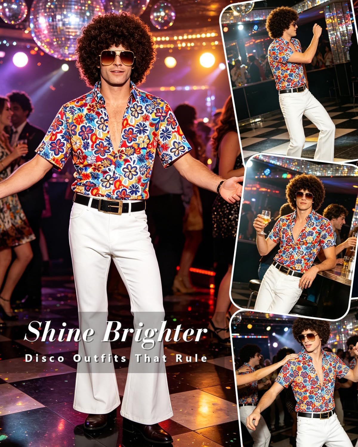 70S Fancy Dress Mens 5PCS 70S Shirts for Men with Disco Accessories Wig, Sunglasses, Fake Beard Disco Necklace, Abba Fancy Dress Costume Men Set for 60S 70S Party