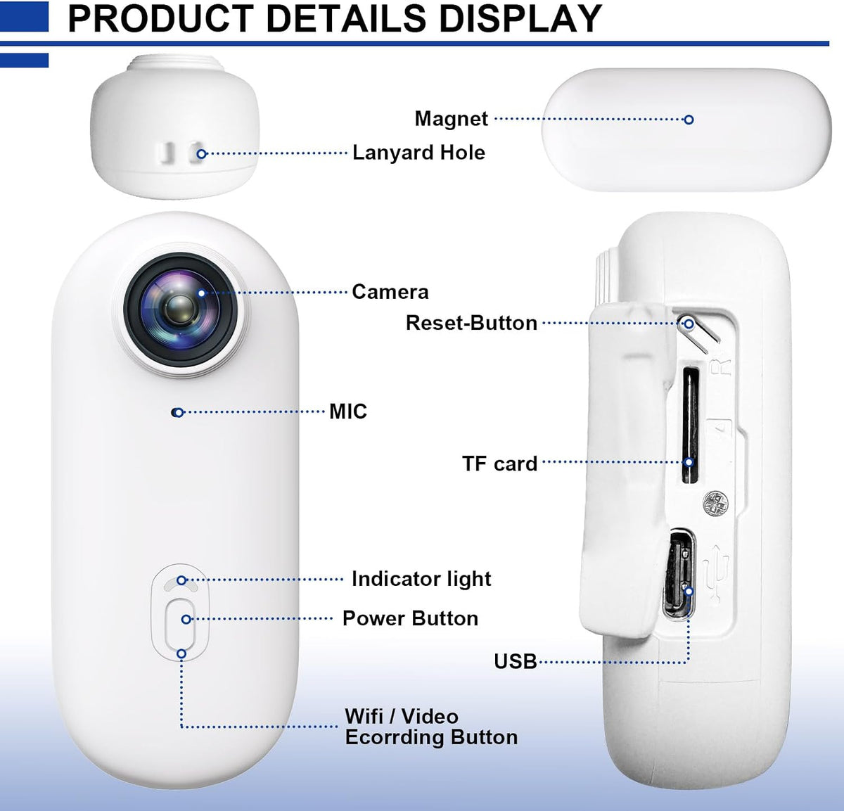 1080P HD Wearable Sports Action Camera Hands-Freethumb POV Camera with Waterproof Case Magnetic Mount Hands Free Mini Body Cameras for Vlogging Motorcycle Cycling Travel Fishing Pet Walking White