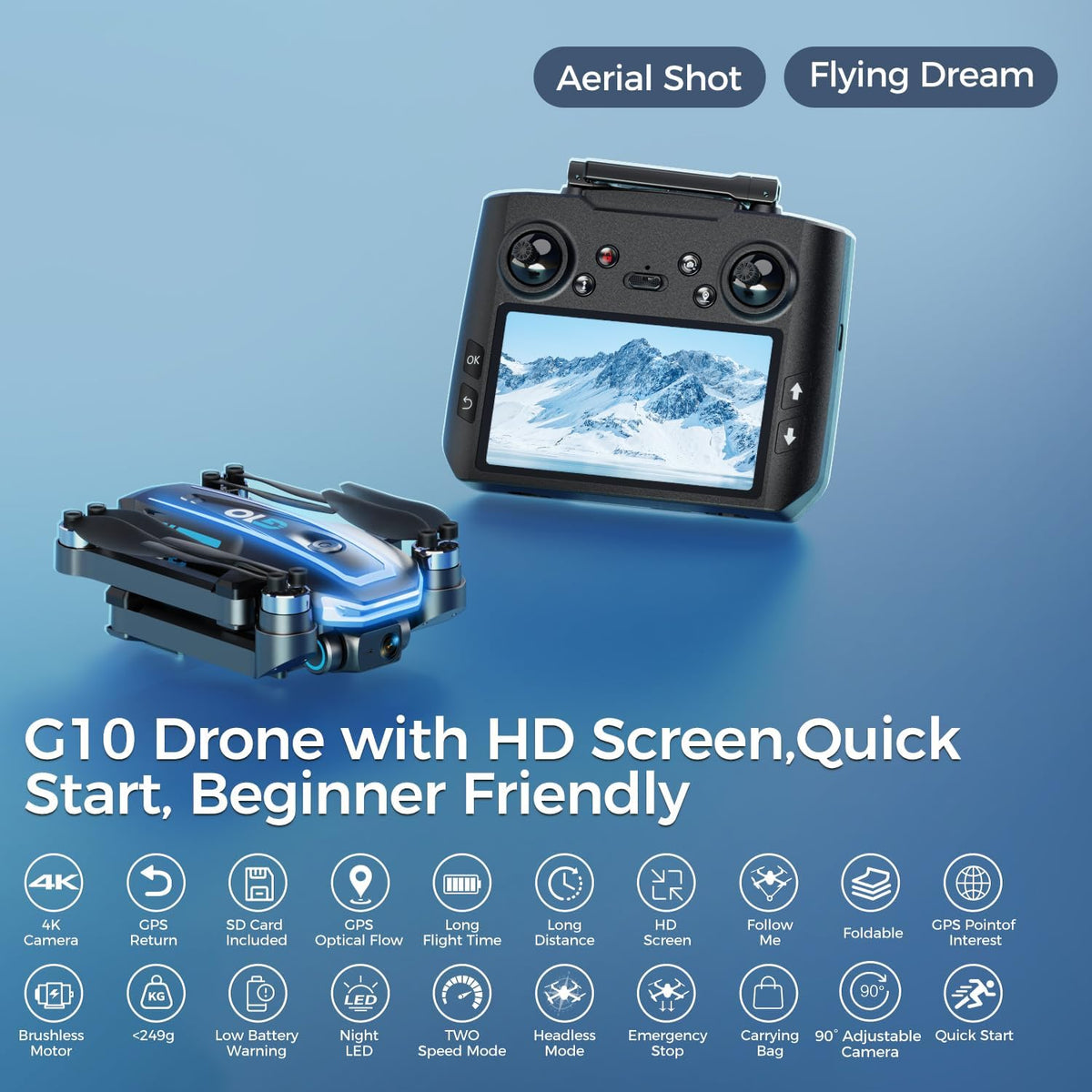 G10 GPS Drones with Els 4K HD Camera Professional for Adults,4.5 Inch Screen on Controller,Auto Return,45 Mins Flight Time,Brushless Motor,Follow Me Mode,5G Transmission,Christmas Toy Gifls,Under 249G