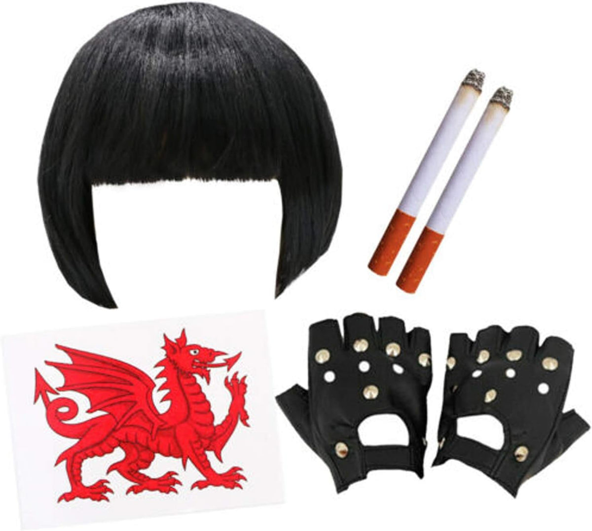 Welsh TV Character Costume - Black Bob Wig, Welsh Dragon Tattoo, Black Studded Gloves and 2 Fake Cigarettes - Adults TV Character Fancy Dress Costume