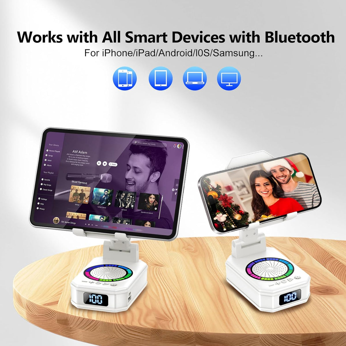 Gifts for Men Women, Phone Stand with Bluetooth Speaker, 4-In-1 Design with 7 RGB, Anti-Slip Base, Foldable Phone Charger Stand with Wireless Speaker, Perfect Tech Gadgets Gift for Mother'S Day, White