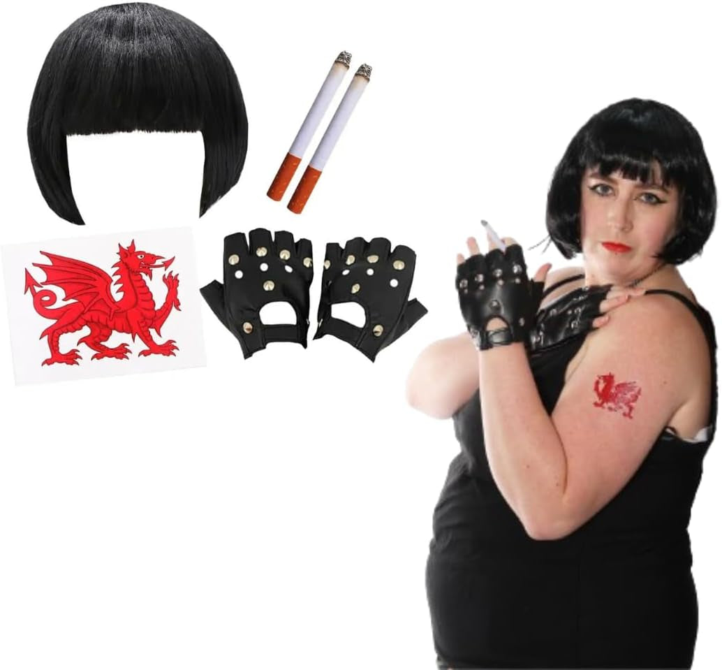 Welsh TV Character Costume - Black Bob Wig, Welsh Dragon Tattoo, Black Studded Gloves and 2 Fake Cigarettes - Adults TV Character Fancy Dress Costume