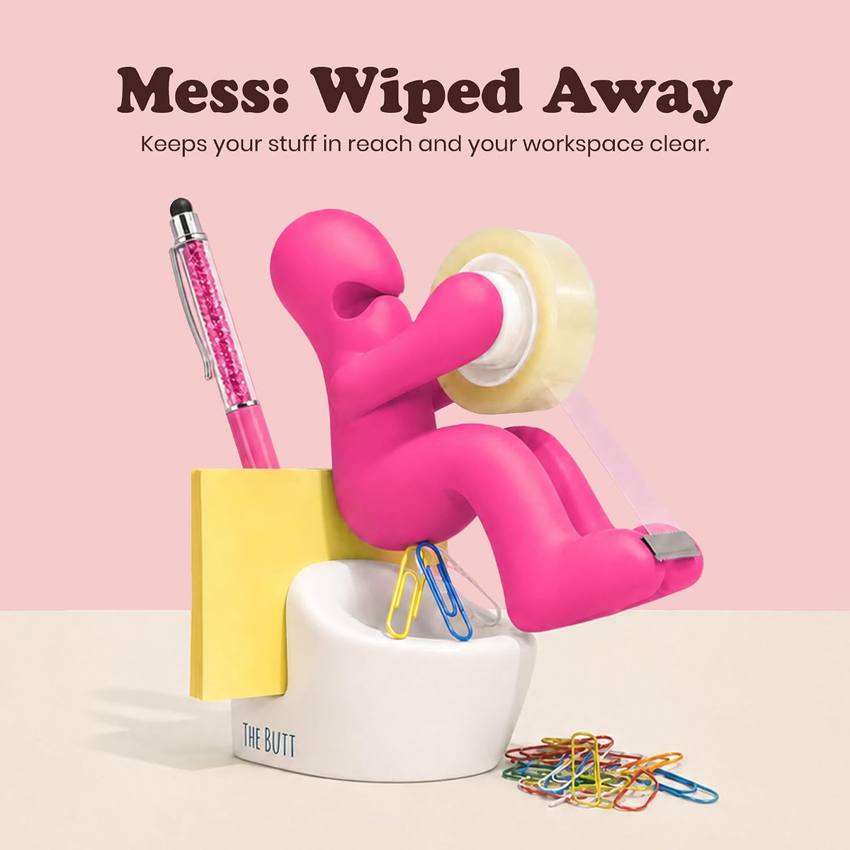 The Butt Tape Dispenser - Funny Gifts for Men, Women, Dad & Teacher - Novelty Desk Accessory & Stationery Organiser, Quirky Office Gadget & Gag Gift, Includes Tape, Pen & Paper Clips (Pink)