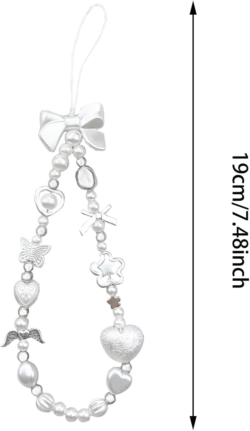 Y2K Cute Heart Pearl Bow Beaded Phone Charm Wrist Strap Bowknot Bracelet Keychain Wristlet Accessories for Cell Phone Digital Camera