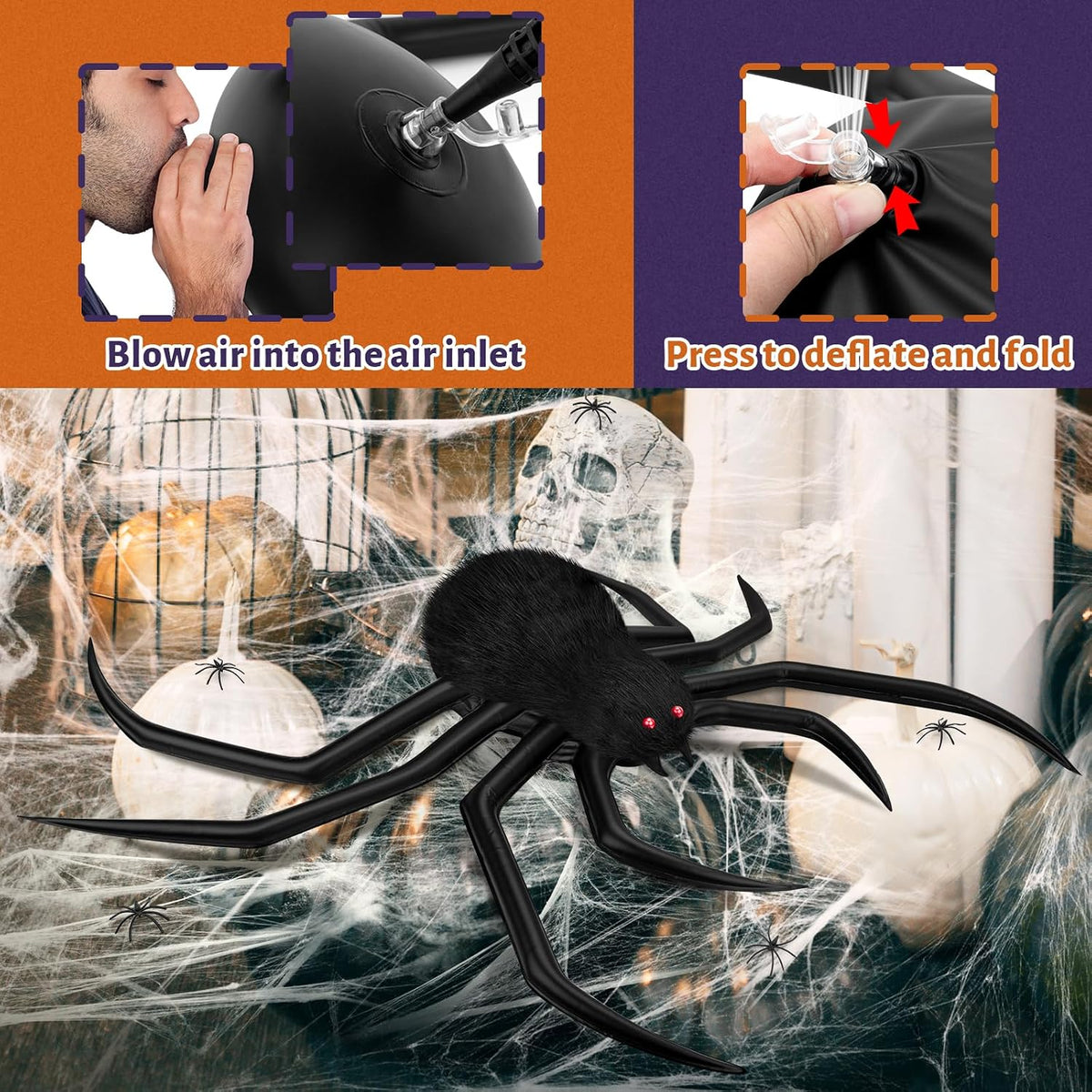 Giant Spider Web Decoration Set displayed among pumpkins and skulls