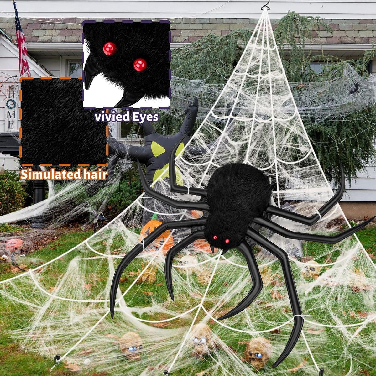 Giant Spider Web Decoration Set - detail view of spider eyes and simulated hair