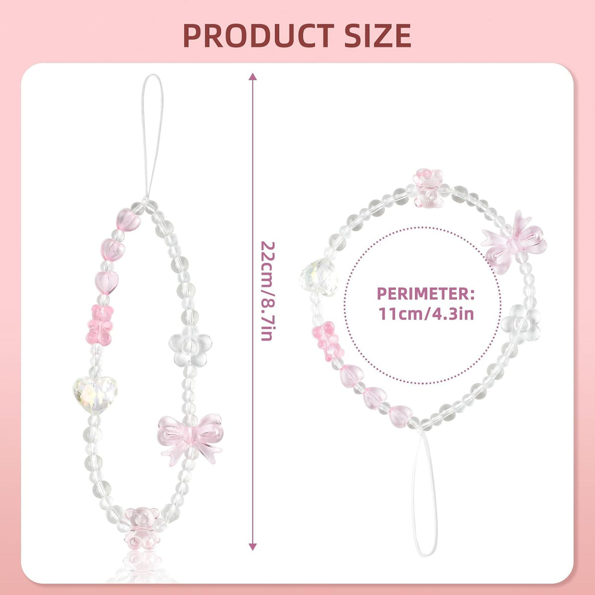 2 PCS Phone Charm Bracelet - Cute Y2K Cat Bow Heart Crystal Pearls Beaded Phone Strap Lanyard Aesthetic Chain Keychain Wrist Straps for Teen Girls Women