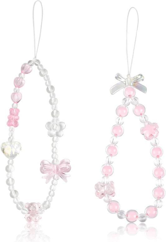 2 PCS Phone Charm Bracelet - Cute Y2K Cat Bow Heart Crystal Pearls Beaded Phone Strap Lanyard Aesthetic Chain Keychain Wrist Straps for Teen Girls Women