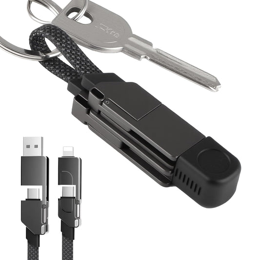 4-In-1 USB Charging Cable Keychain – Zinc Alloy, Multi-Adapter Charger Cord for USB, Type-C, Micro USB, Ios Port Devices – 60W Fast Charging, Magnetic Stretchable Travel Cable (Dark Gray)