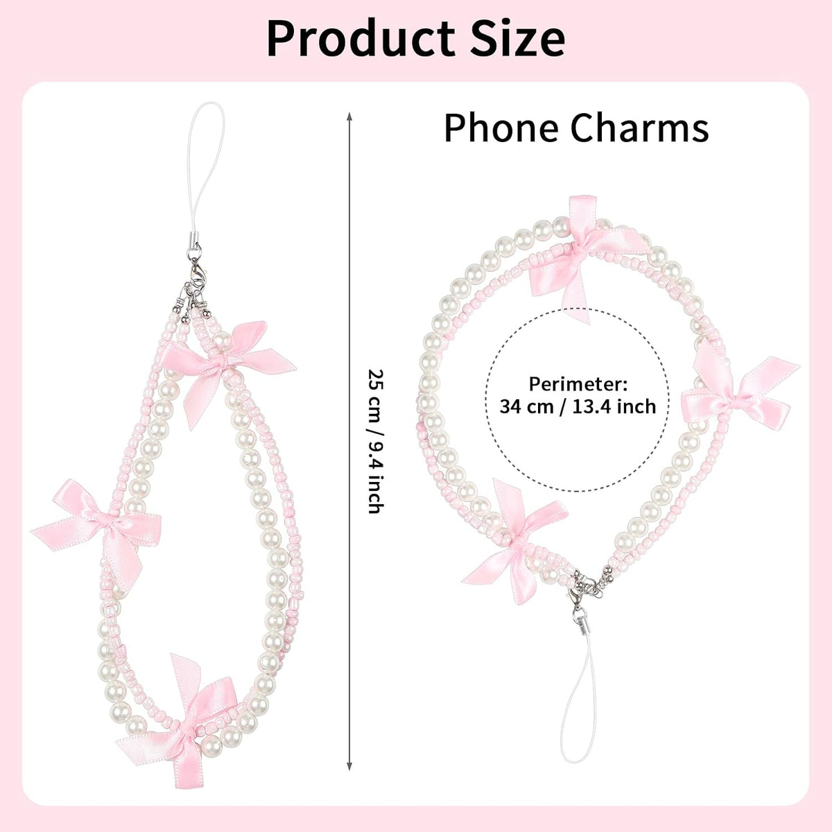 Phone Charm Bracelet - Cute Bowknot Chain Pearl Beaded Aesthetic Universal Cell Phone Lanyard Wrist Strap Keychain Accessories for Bag Camera Pendants Decor