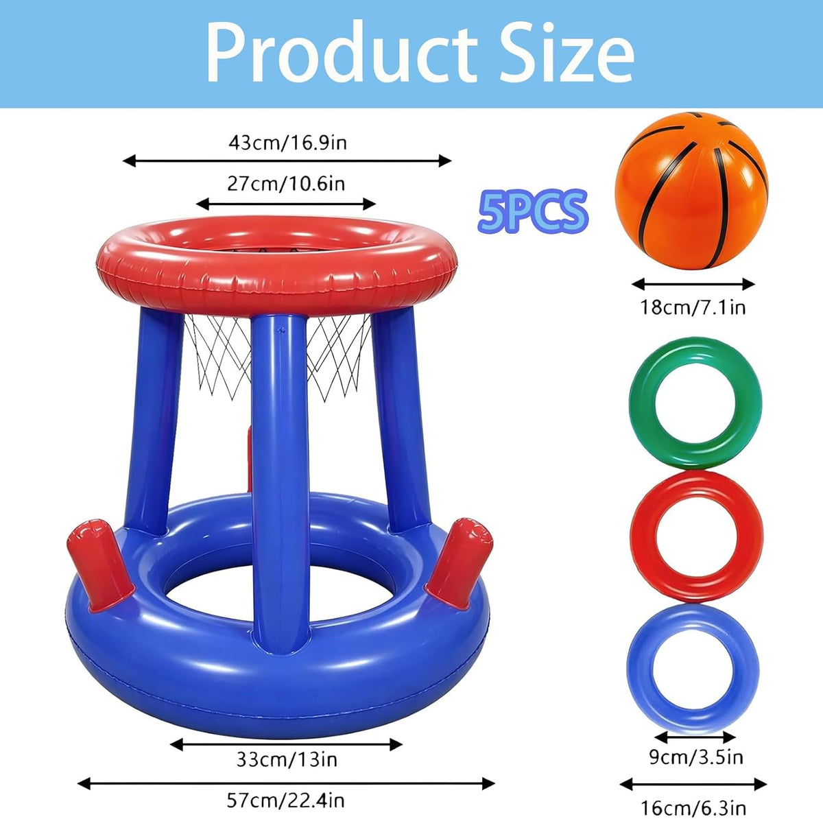 5-Piece Inflatable Pool Basketball Hoop Ring Toss Game Set with Basketball and 3 Rings, Floating Water Sport Toy for Intex above Ground Pools and Backyard Summer Parties