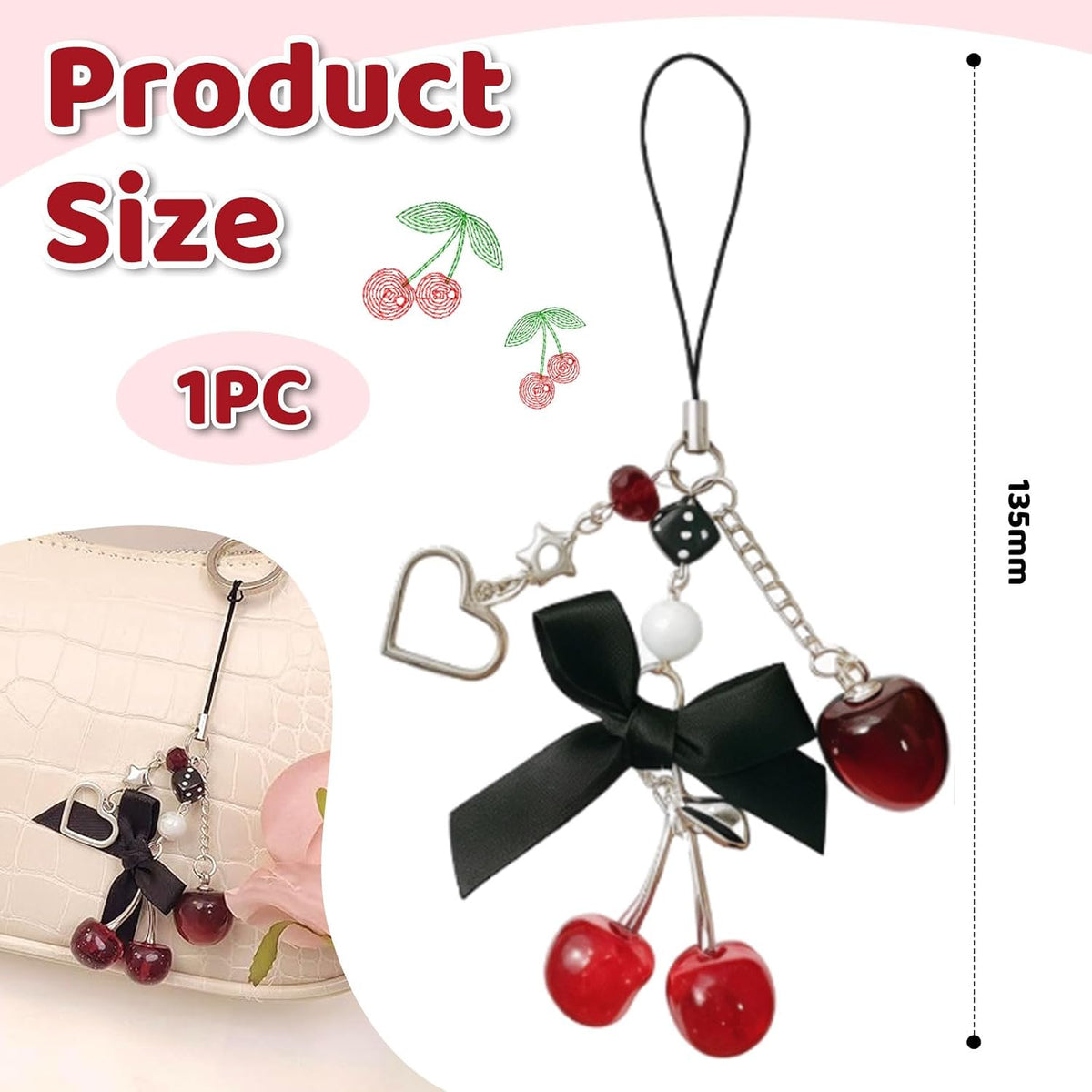 Phone Charm Strap, Cute Cherry Handphone Straps, Aesthetic Pink-Red-Black Blueberry Phone Chain, Y2K Accessories for Camera Keychain Bag Charm Decor Present