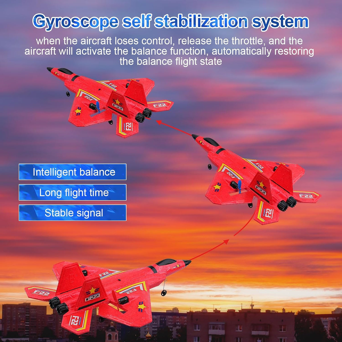 RC Plane F22 Remote Control Plane with 3 Batteries, 2.4Ghz Remote Control Airplane Fighter Toys RC Glider Easy to Fly for Kids Beginners Adults USB Charging (Red)
