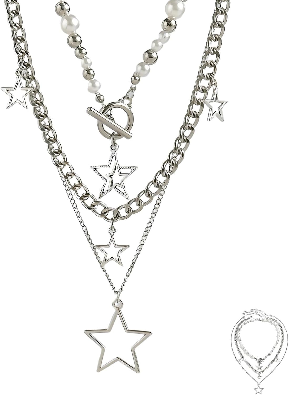 Star Necklace Silver Layered Necklaces for Women,Chunky Necklaces for Women