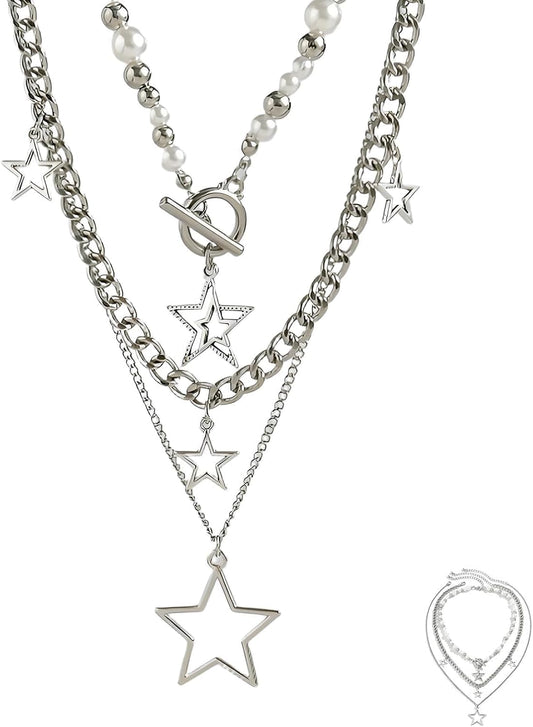 Star Necklace Silver Layered Necklaces for Women,Chunky Necklaces for Women