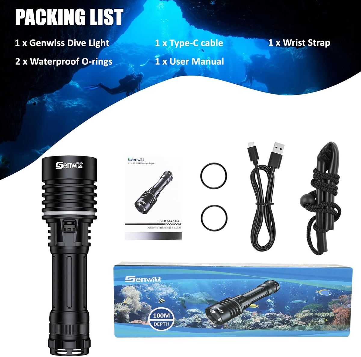 Diving Torch, 2000 Lm Battery Indicator Lockable Switch Dive Torch