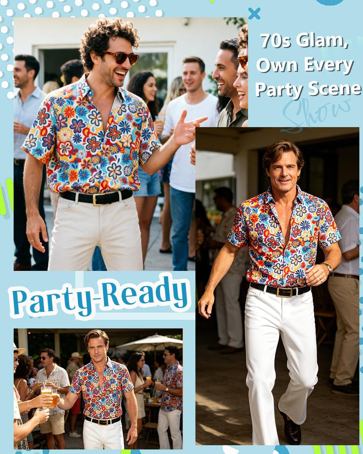 70S Fancy Dress Mens 5PCS 70S Shirts for Men with Disco Accessories Wig, Sunglasses, Fake Beard Disco Necklace, Abba Fancy Dress Costume Men Set for 60S 70S Party