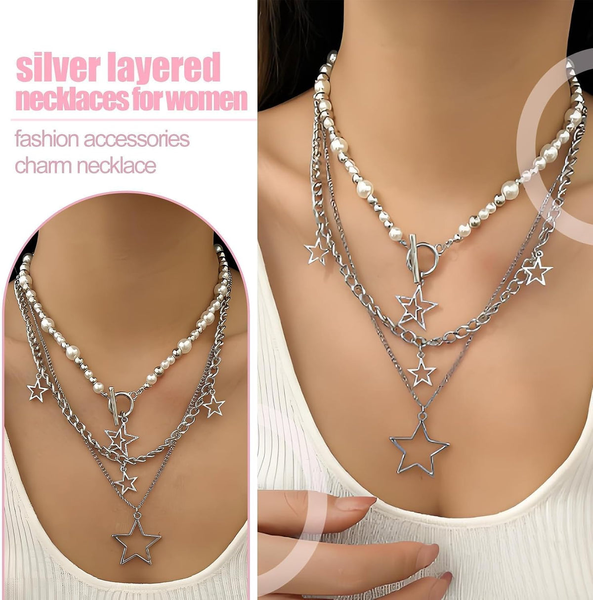 Star Necklace Silver Layered Necklaces for Women,Chunky Necklaces for Women