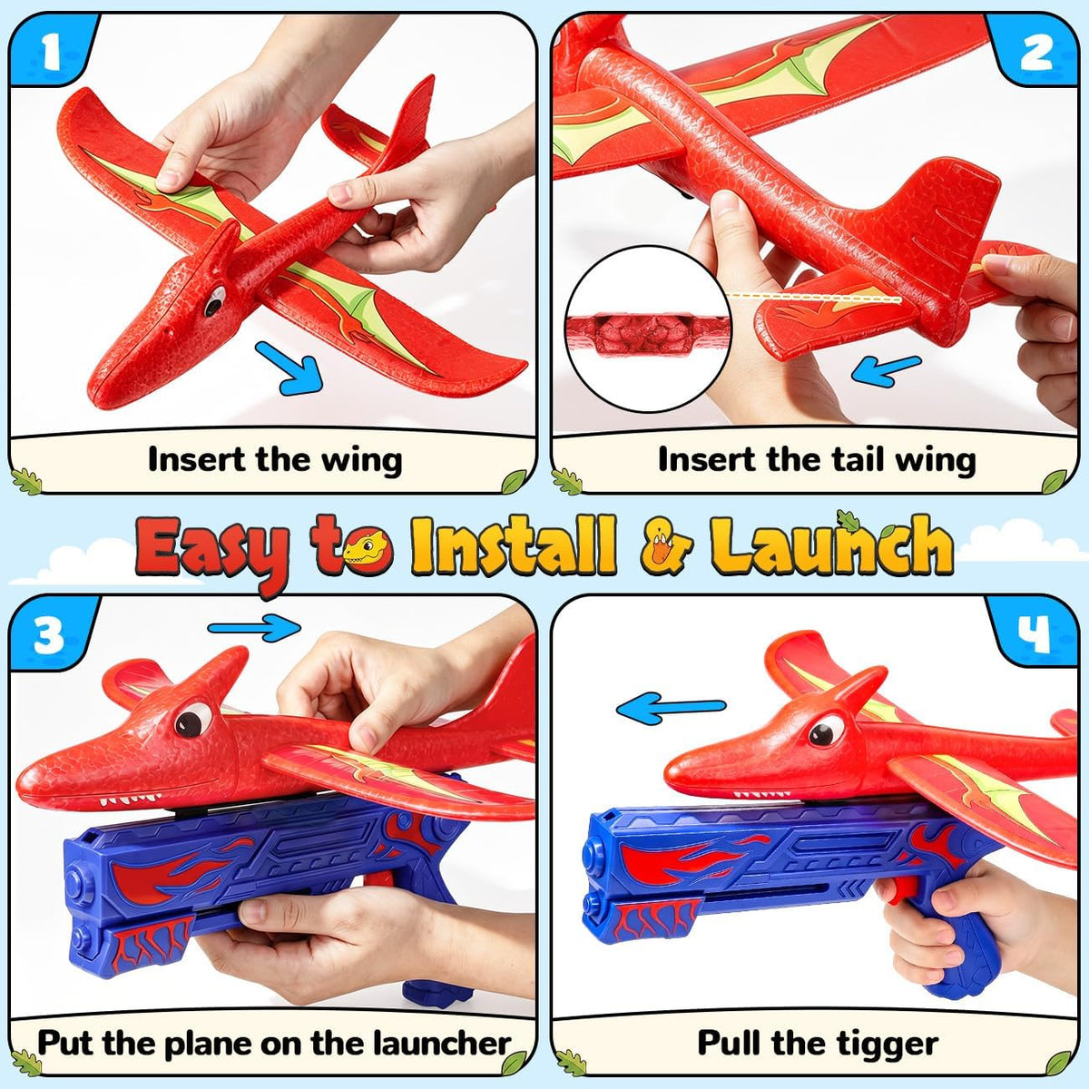Airplane Launcher Toy with 3 Pack Dinosaur Glider Foam Aeroplanes