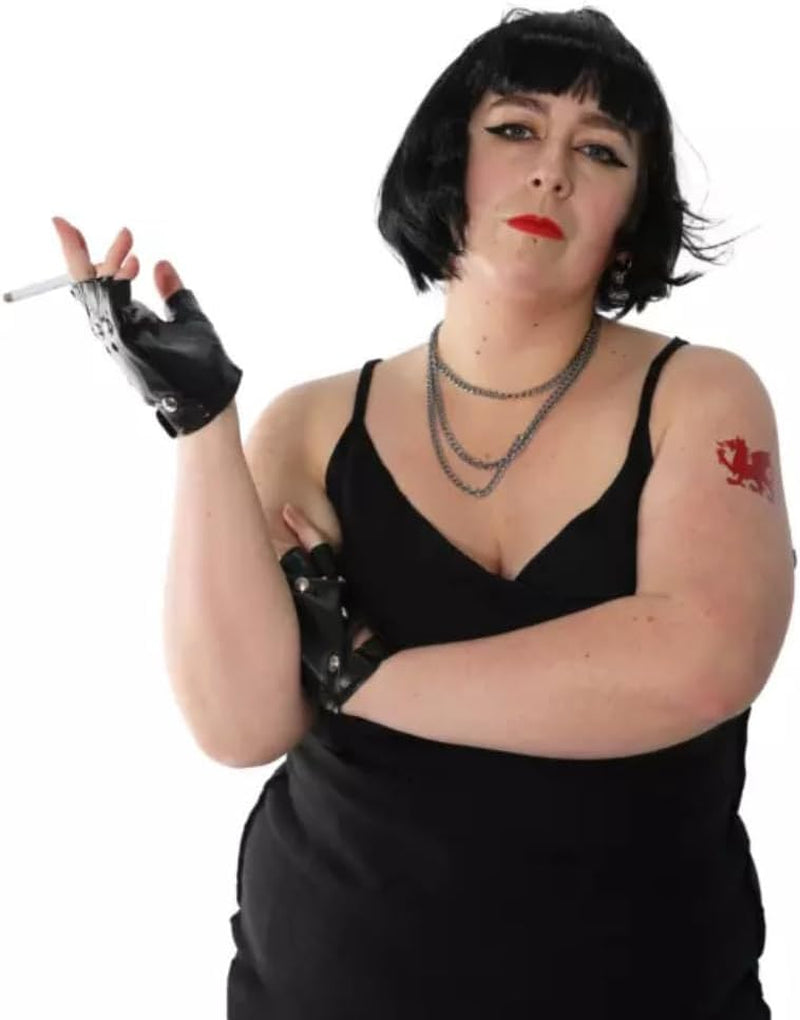 Welsh TV Character Costume - Black Bob Wig, Welsh Dragon Tattoo, Black Studded Gloves and 2 Fake Cigarettes - Adults TV Character Fancy Dress Costume