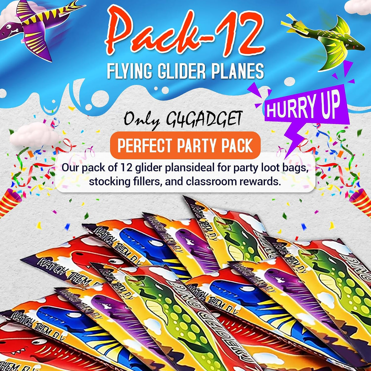 Pack of 12 Dinosaur Flying Glider Planes Kids Gift-Party Loot Bag Stocking Fillers Fun