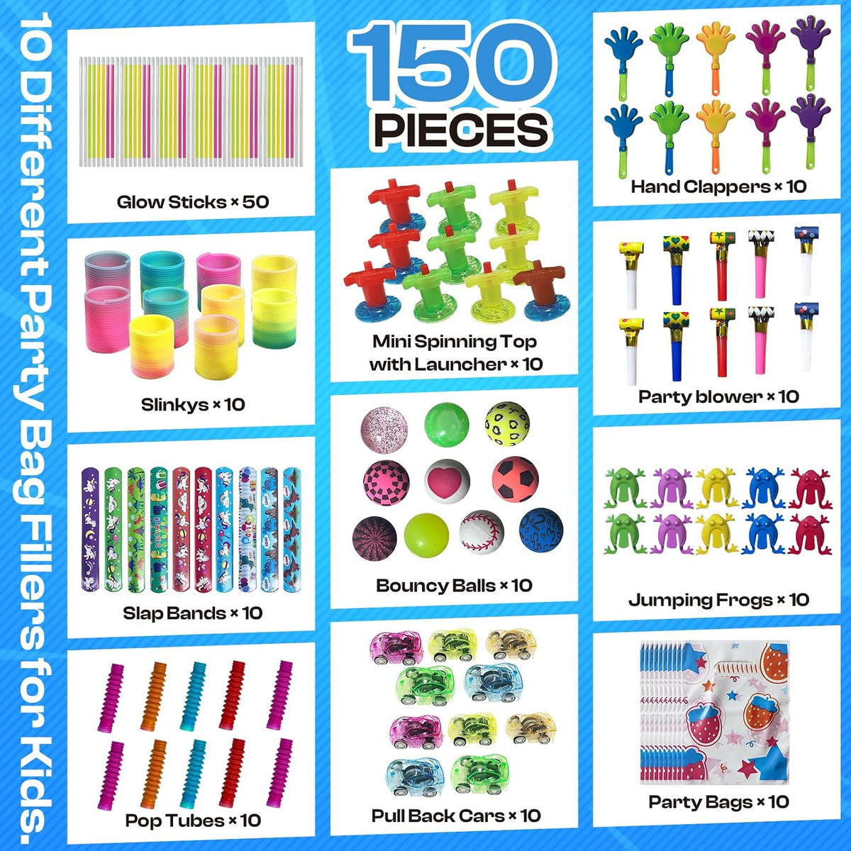 150PCS Party Bag Fillers for Kids, 140 Bulk Toys & 10 Party Favours Bags
