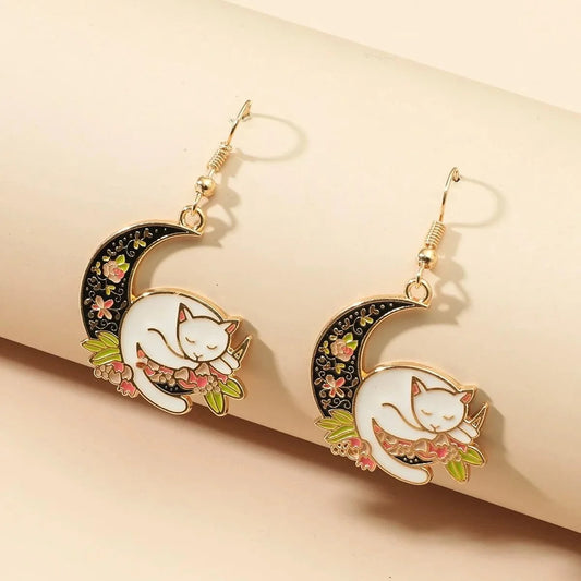 Whispers of the Night – Asymmetric Sleeping Cat & Moon Earrings That Tell a Story of Dreamy Devotion