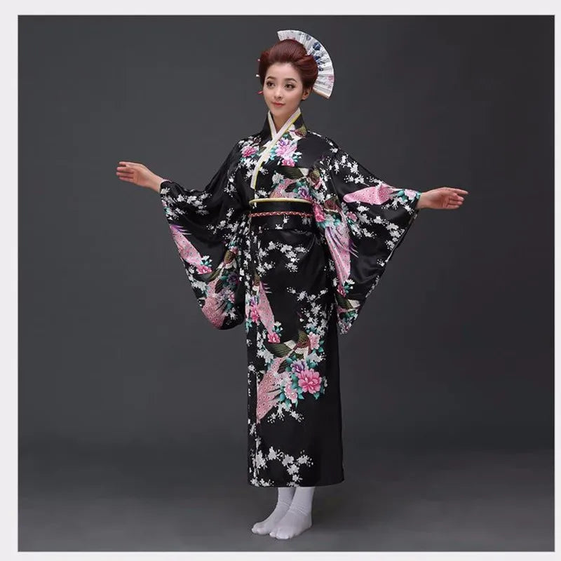 Japanese Traditional Yukata Kimono With Obi Vintage Women Evening Dress Geisha Kimono Vintage Women Stage Show Costume Cosplay