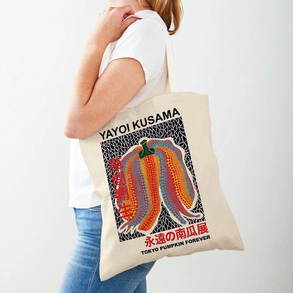 Yayoi Kusama Art Shopping Bags for Women Both Sided Japanese Abstract Casual Shopper Bag Lady Canvas Tote Travel Handbags