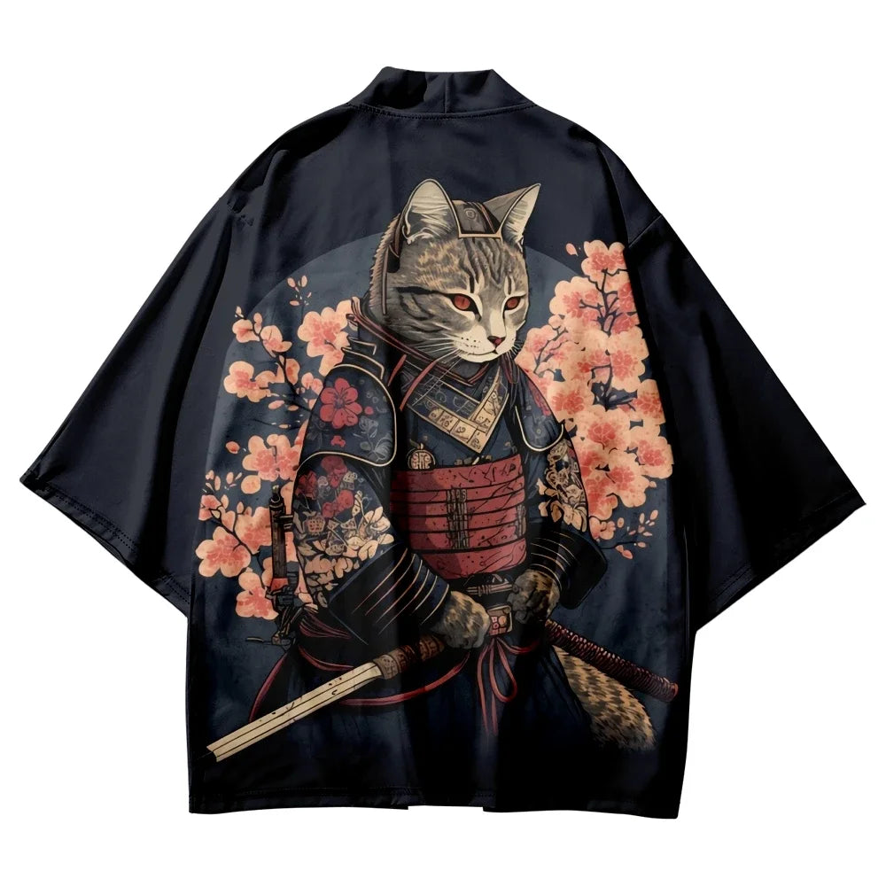 Japanese Sakura Cat Samurai Printed Kimono for Men Women, Haori Cardigan, Traditional Costume, Loose Short Sleeve Cloak, S-3XL