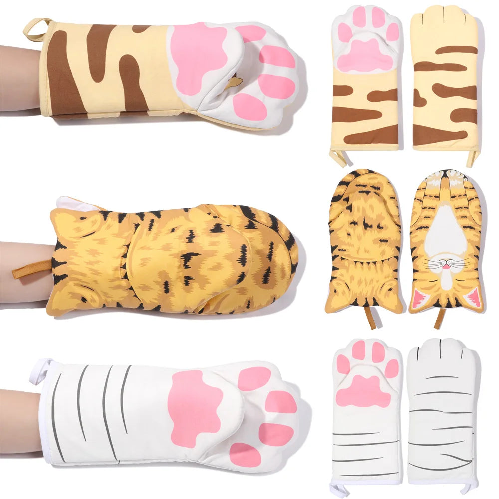 1PC Long Cotton Baking Insulation Gloves 3D Cartoon Animal Cat Paws Oven Mitts Microwave Heat Resistant Non-Slip Kitchen Gloves