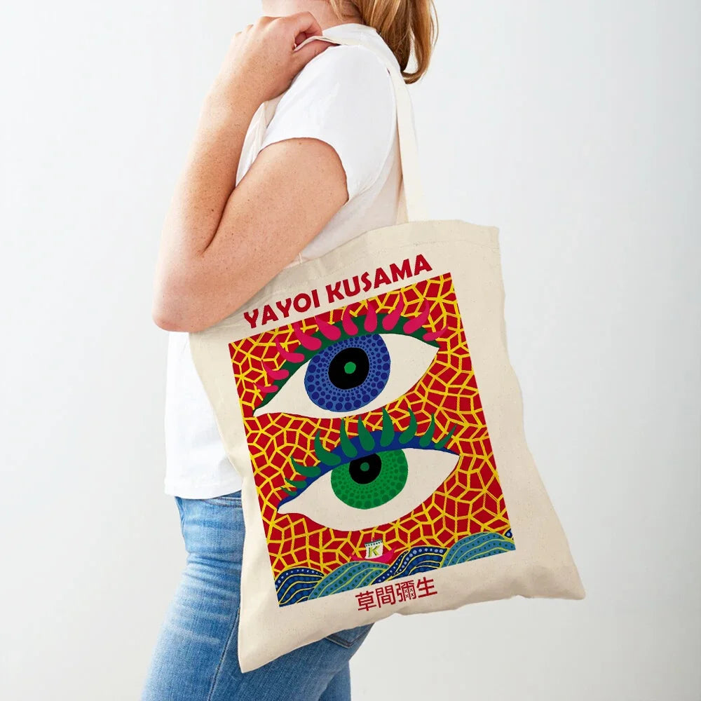 Yayoi Kusama Art Shopping Bags for Women Both Sided Japanese Abstract Casual Shopper Bag Lady Canvas Tote Travel Handbags