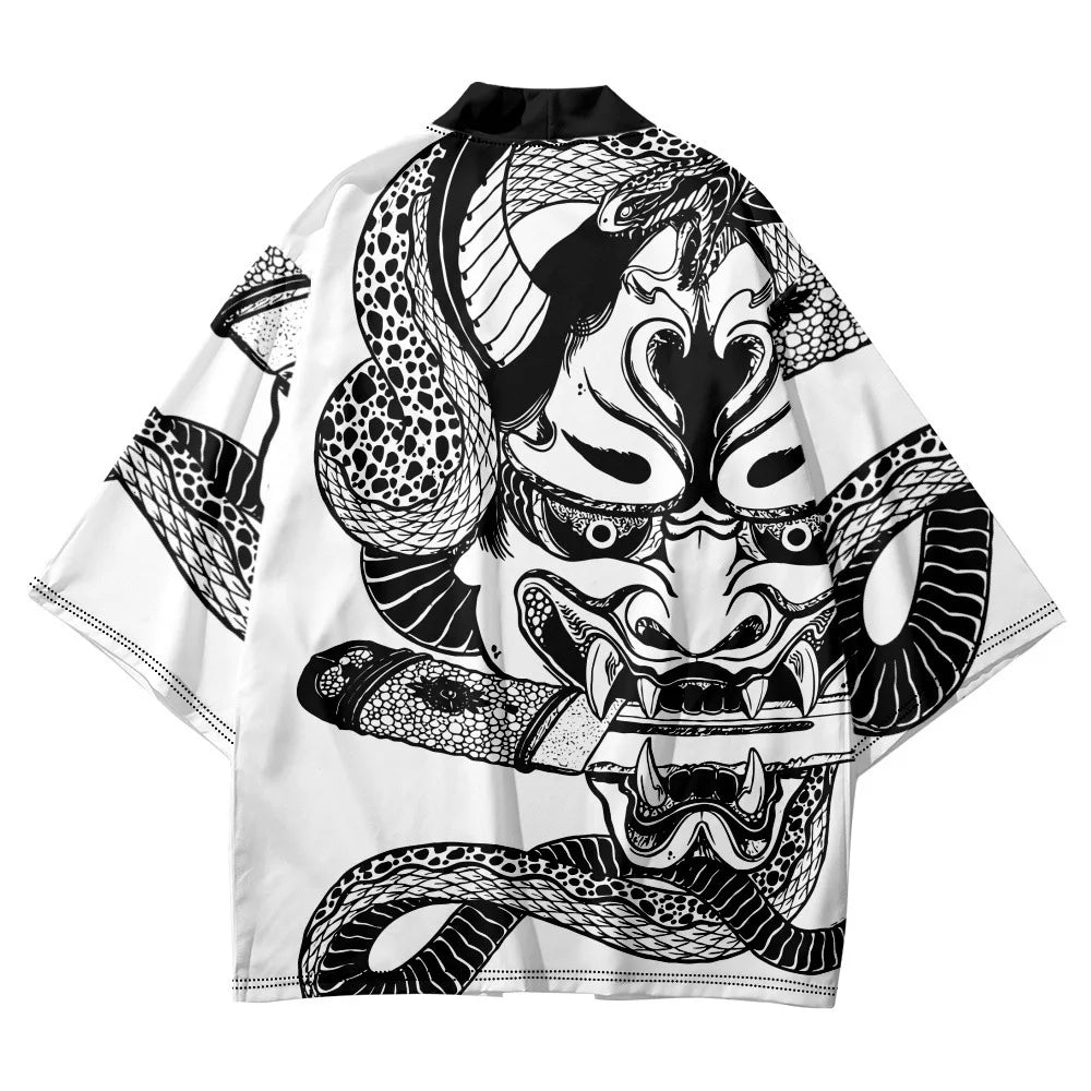 Summer Demon Snake Print Cardigan Men's Chinese Dragon Pattern Japanese Kimono Plus Size Asian Traditional Costume Cosplay Coat