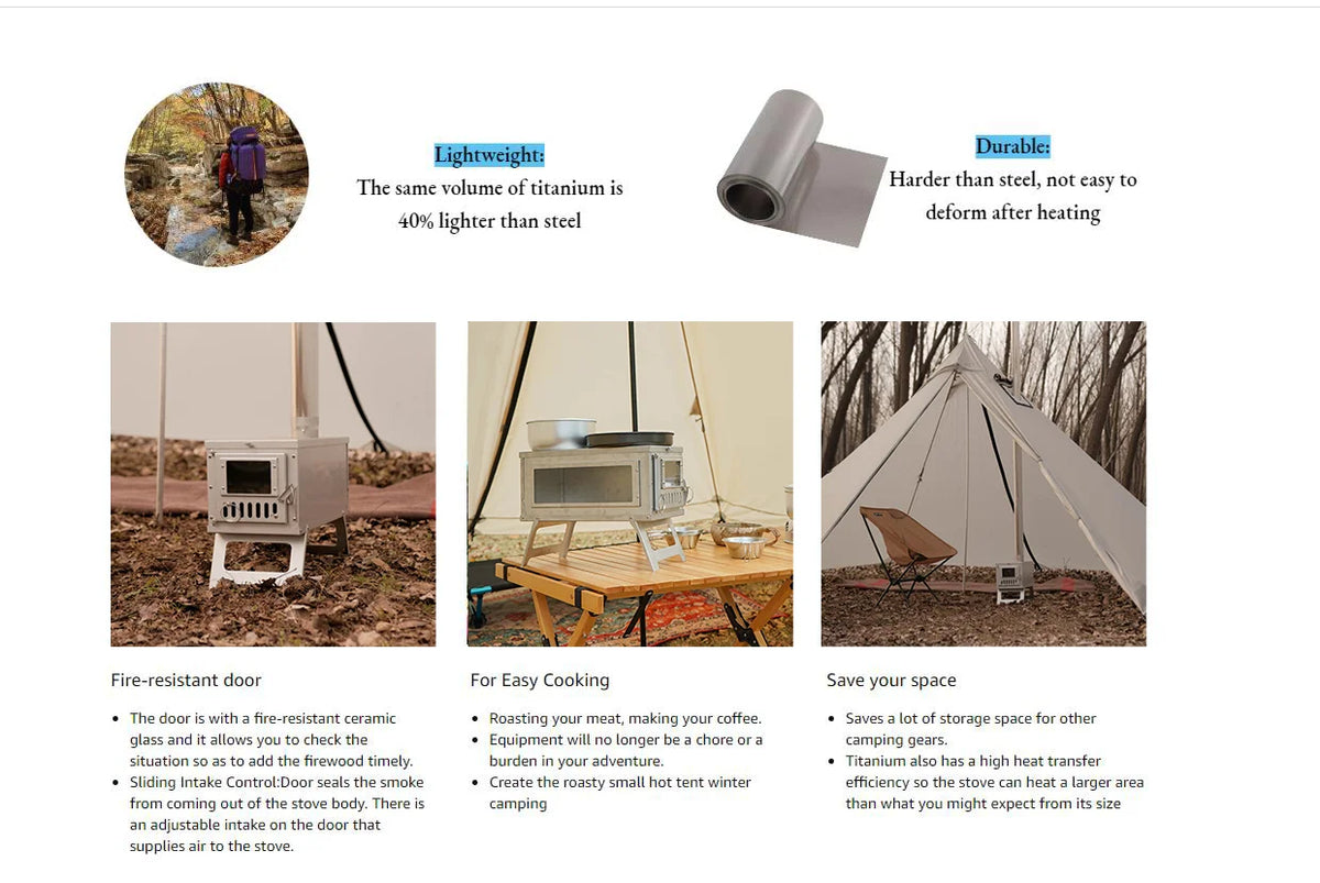 Portable Camping Tent Stove Ultralight Stainless Steel Foldable Wood Burner Stove with Glass WindowsTent Heaters for Outdoor