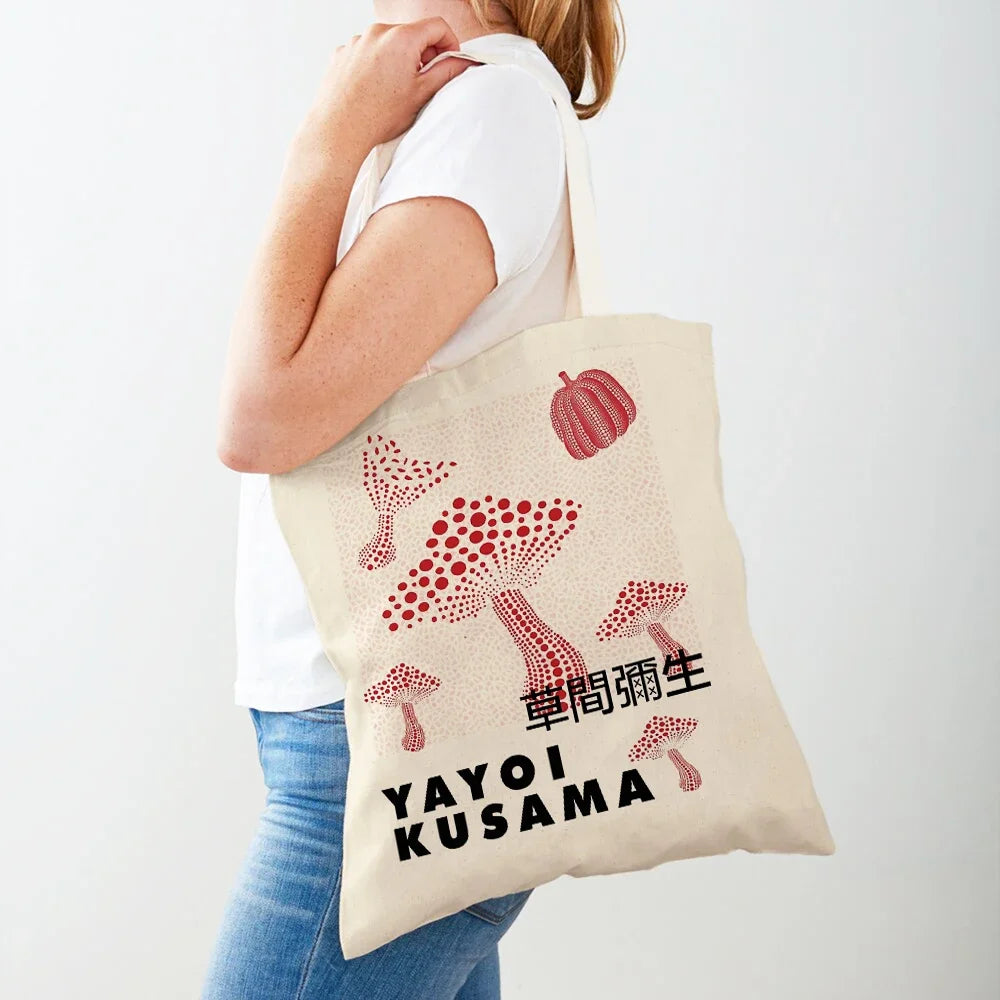 Yayoi Kusama Art Shopping Bags for Women Both Sided Japanese Abstract Casual Shopper Bag Lady Canvas Tote Travel Handbags