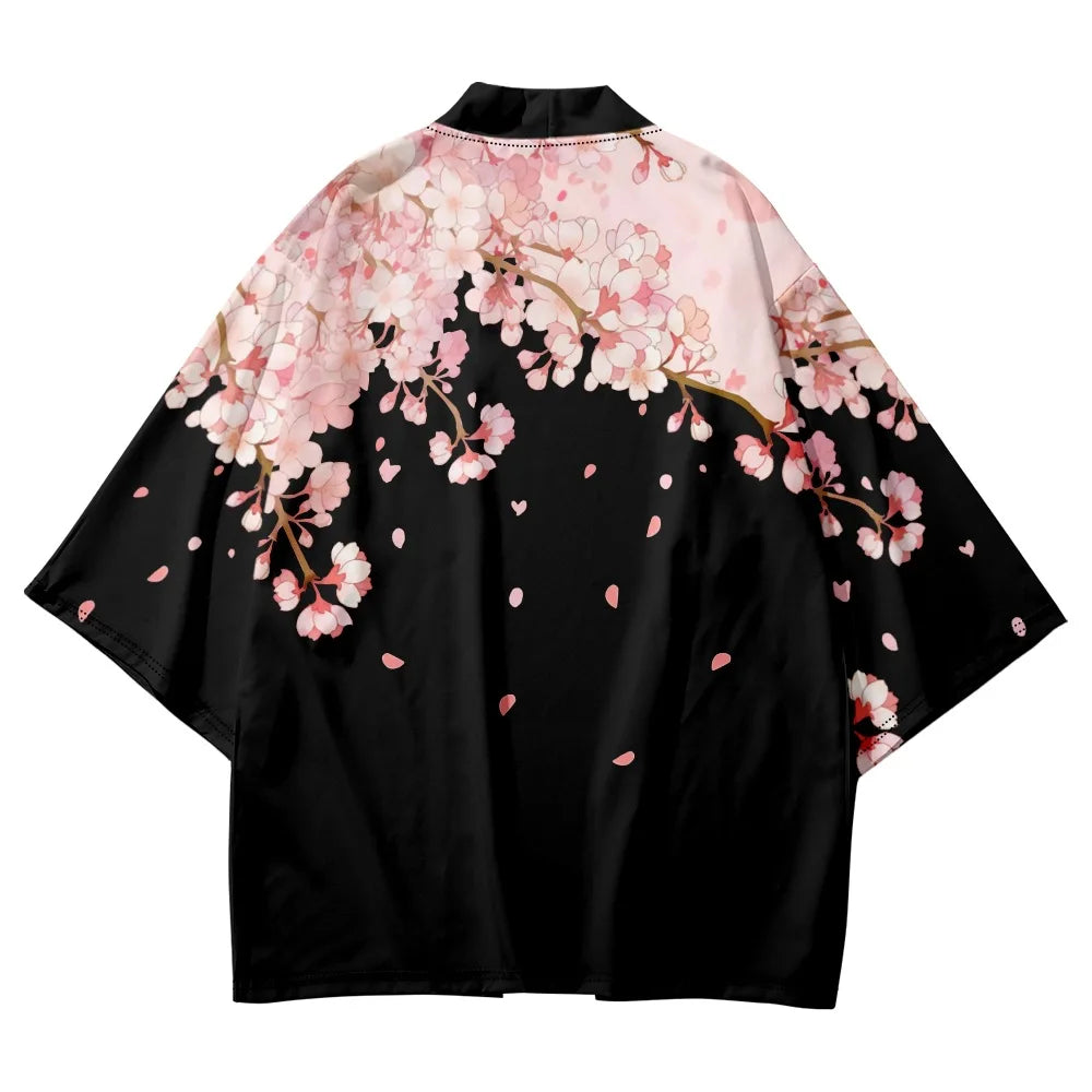 Asian Traditional Clothes Pink Floral Printed Japanese Kimono Men Women Loose 7 Sleeve Harajuku Haori Fashion Beach Cardigan