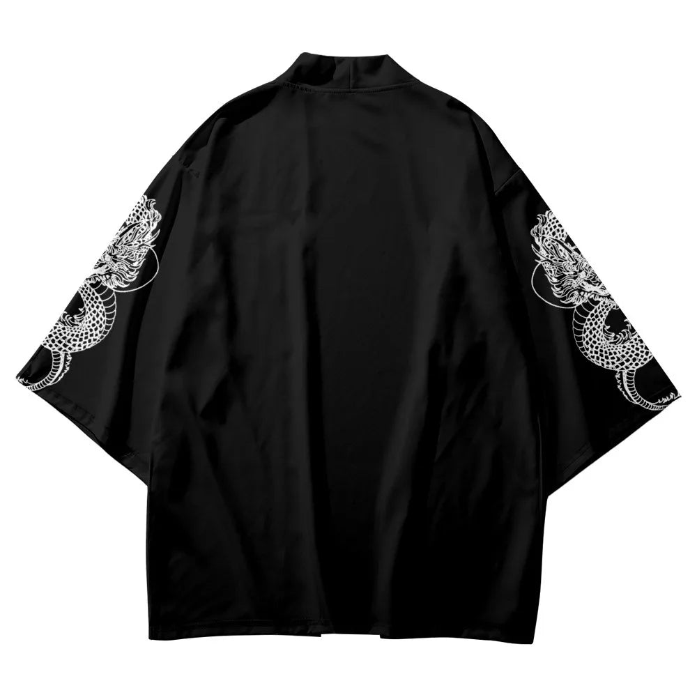 Sleeves Dragon Print Black Kimono Loose Japanese Streetwear Cardigan Women Men Harajuku Haori Cosplay Top Shirts Yukata