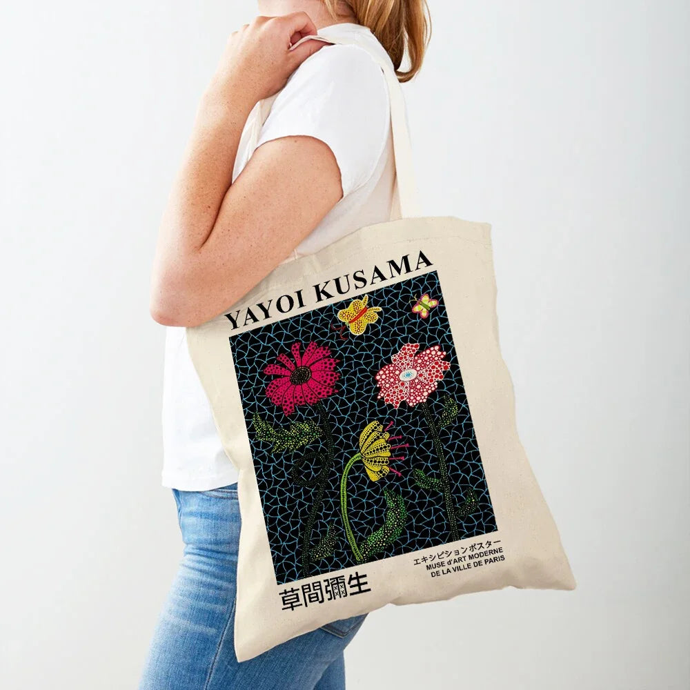 Yayoi Kusama Art Shopping Bags for Women Both Sided Japanese Abstract Casual Shopper Bag Lady Canvas Tote Travel Handbags