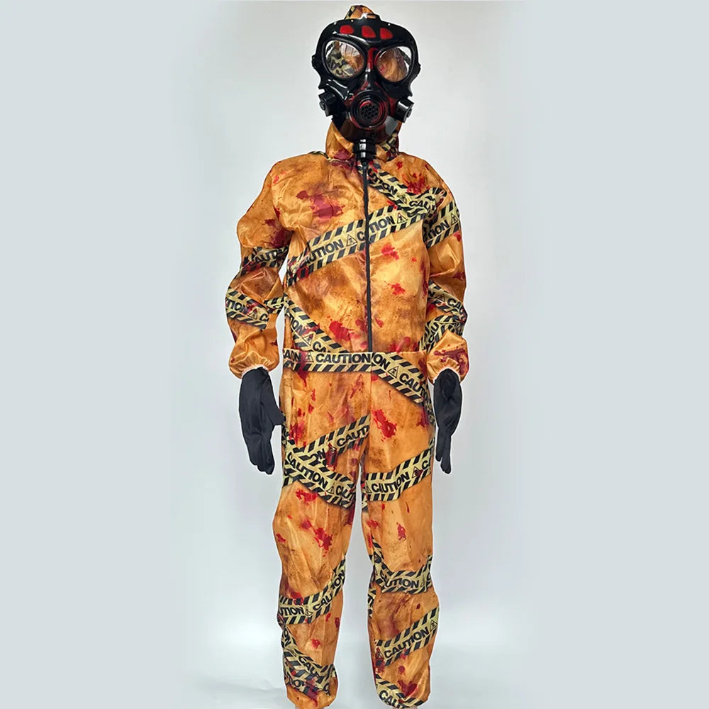 Childs Biohazard Zombie Halloween Fancy Dress Costume - worn with mask and gloves