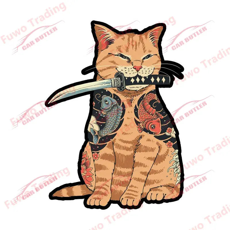 Japanese Samurai Cat Car Sticker Neko Kitty Decal Simple Fashion Caravan Window Motorcycle Bumper Trunk Laptop Decor Waterproof
