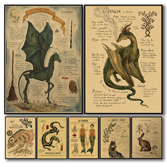 Animal Dragon Poster Magic Monster Study Prints Posters Wolf Hare Vintage Home Room Club Wall Decor Art Picture Retro Painting