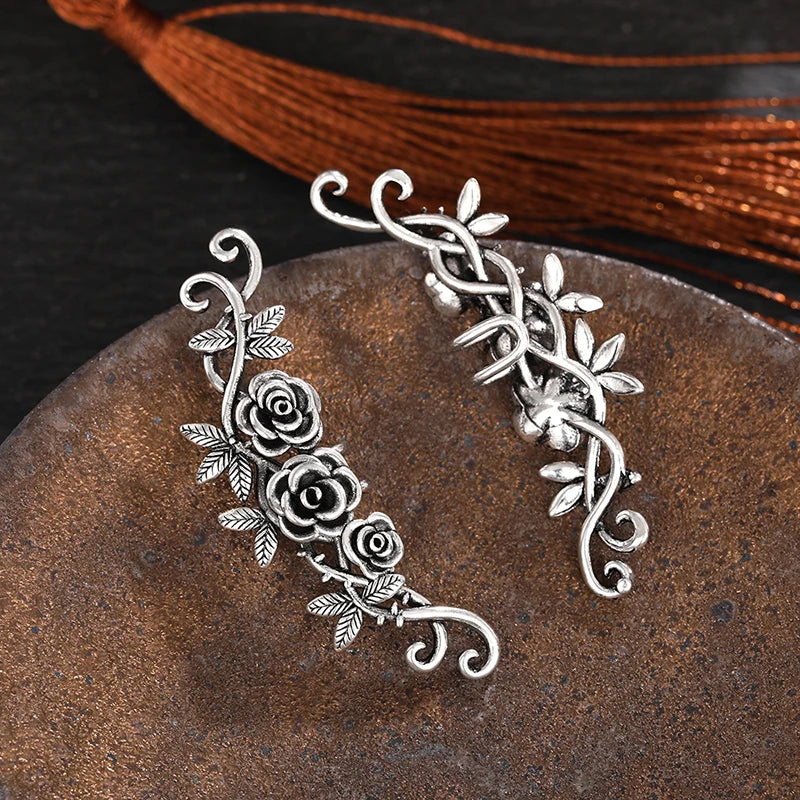 Huitan Aesthetic Flowers Clip Earrings Women Rose Floral Climbers Ear Cuffs Fake Piercing Vintage Elegant Lady Jewelry for Party