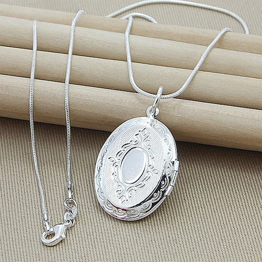 Silver Chain Necklace 925 Silver jewelry Round Photo Locket Pendant Necklace Charms Necklaces Snake Chain N313