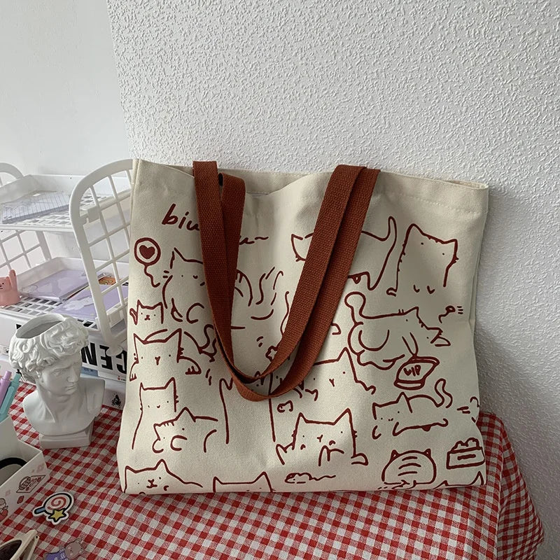 Canvas Bags Handbag for Women Shopper Cute Cat Tote Bag with Zipper Designer Bag Japanese Style Cartoon Small Shoulder Bags