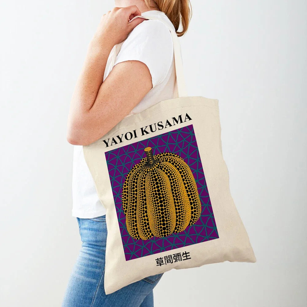 Yayoi Kusama Art Shopping Bags for Women Both Sided Japanese Abstract Casual Shopper Bag Lady Canvas Tote Travel Handbags